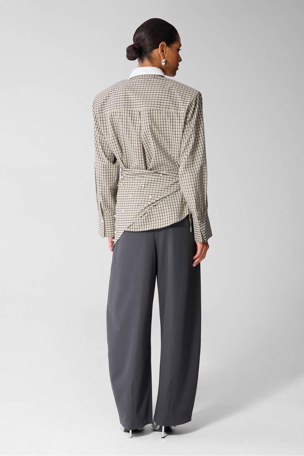 Shoeby geruite blouse met parels - beige/grijs
