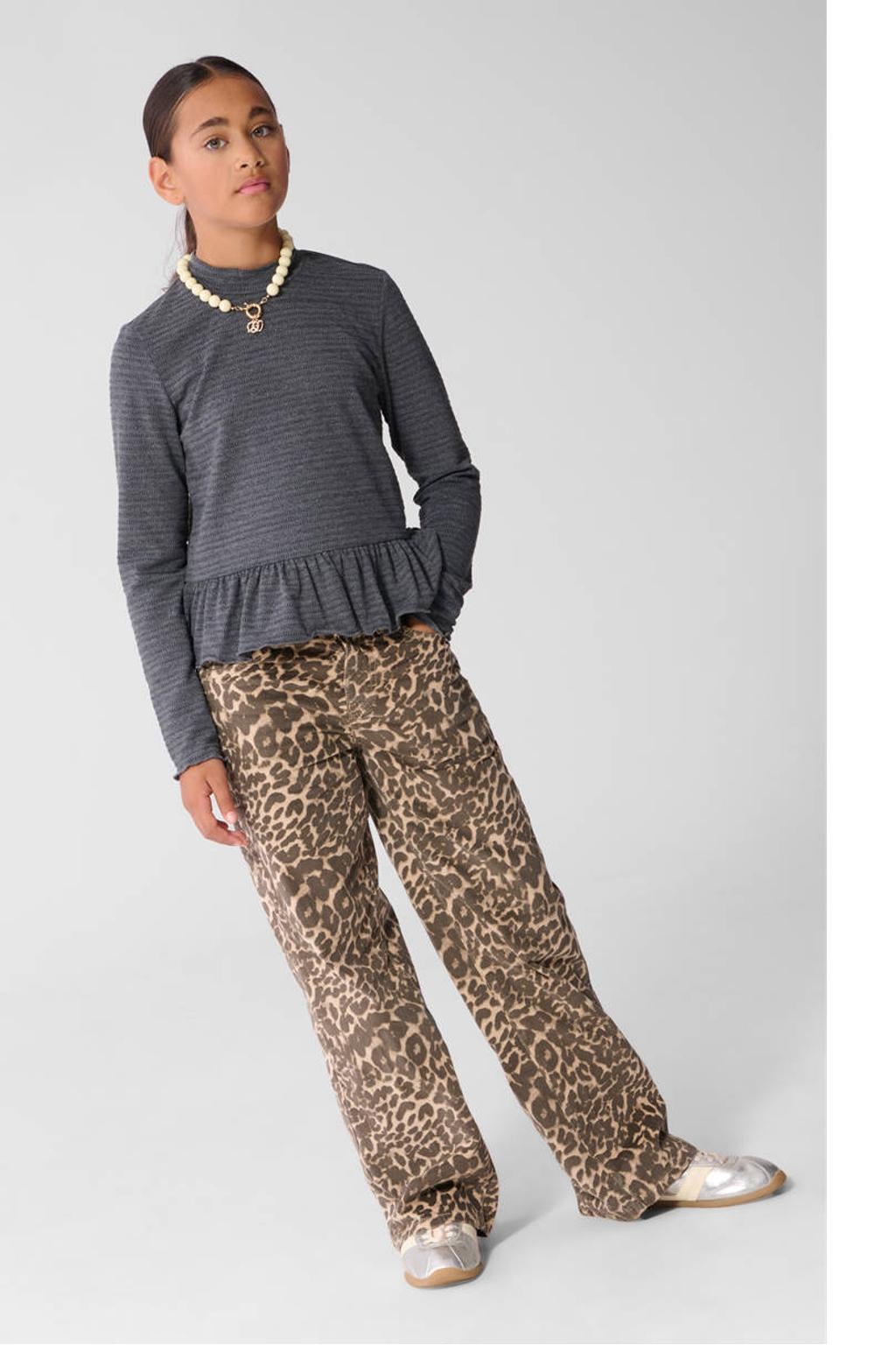Bruine meisjes Shoeby wide leg jeans van denim met high waist, rits- en knoopsluiting en panterprint
