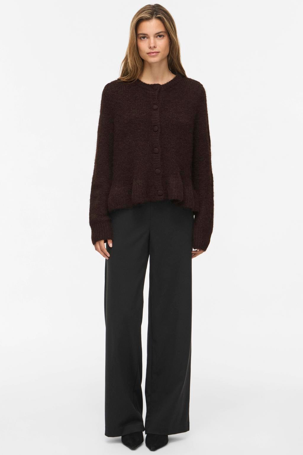 VILA gebreid gemêleerd vest met peplum - donkerbruin