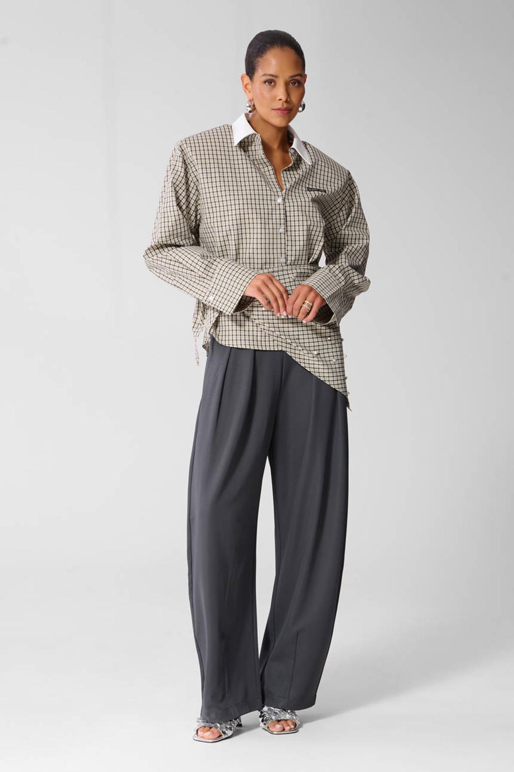 Grijze dames Shoeby barrel broek van polyamide met high waist, elastische tailleband en effen