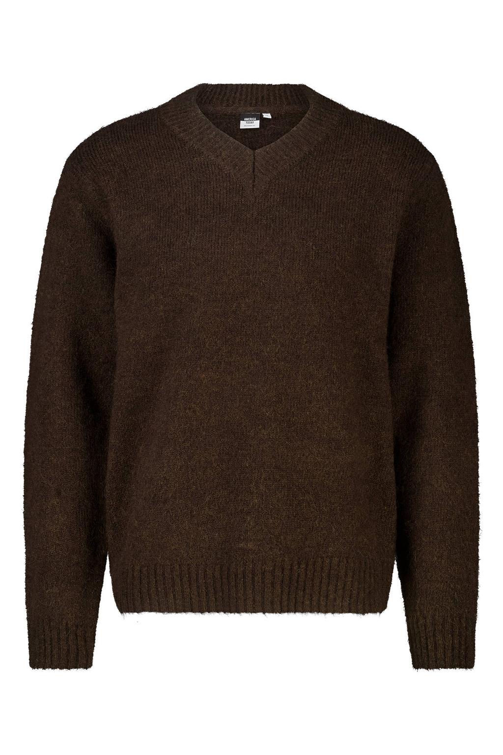 Bruine heren America Today relaxed fit gebreide trui van wol met effen, lange mouwen en V-hals