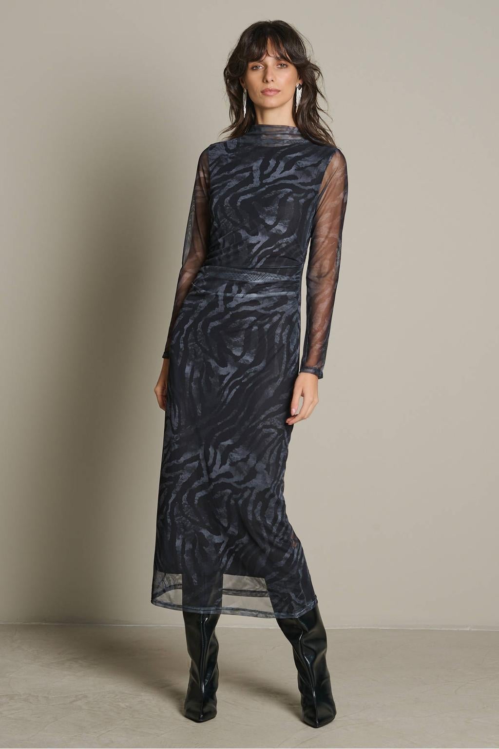 Zwarte dames LOLALIZA maxi jurk van polyester met dierenprint, driekwart mouwen, opstaande kraag en mesh