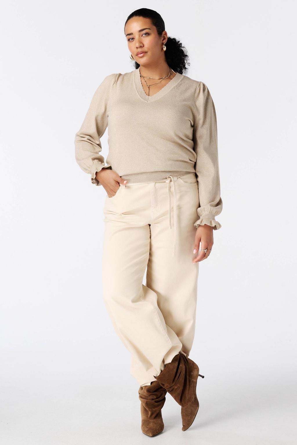 Beige dames MS Mode gebreide trui van viscose met effen, lange mouwen, V-hals en lurex