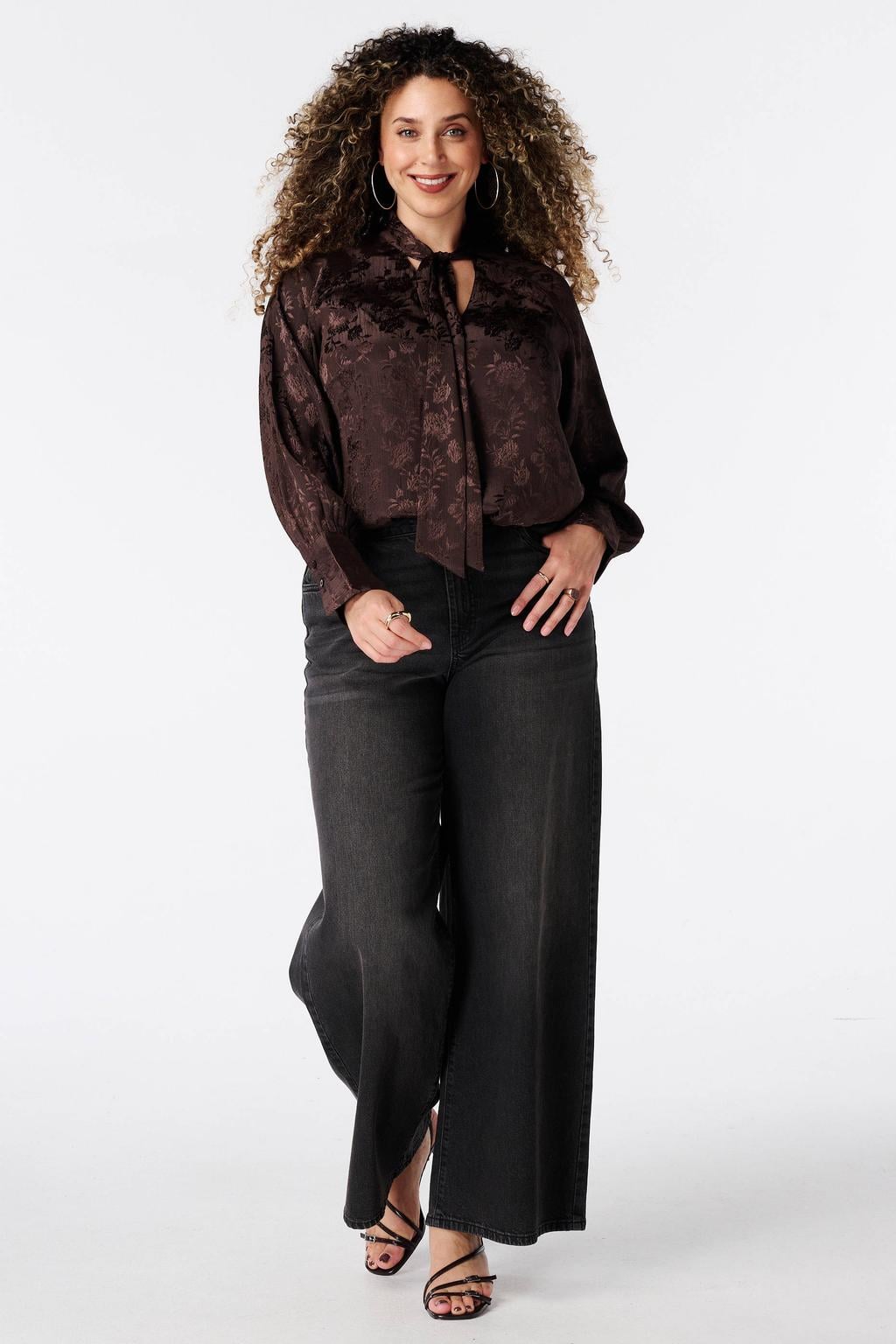 MS Mode satijnen gebloemde blouse - donkerbruin