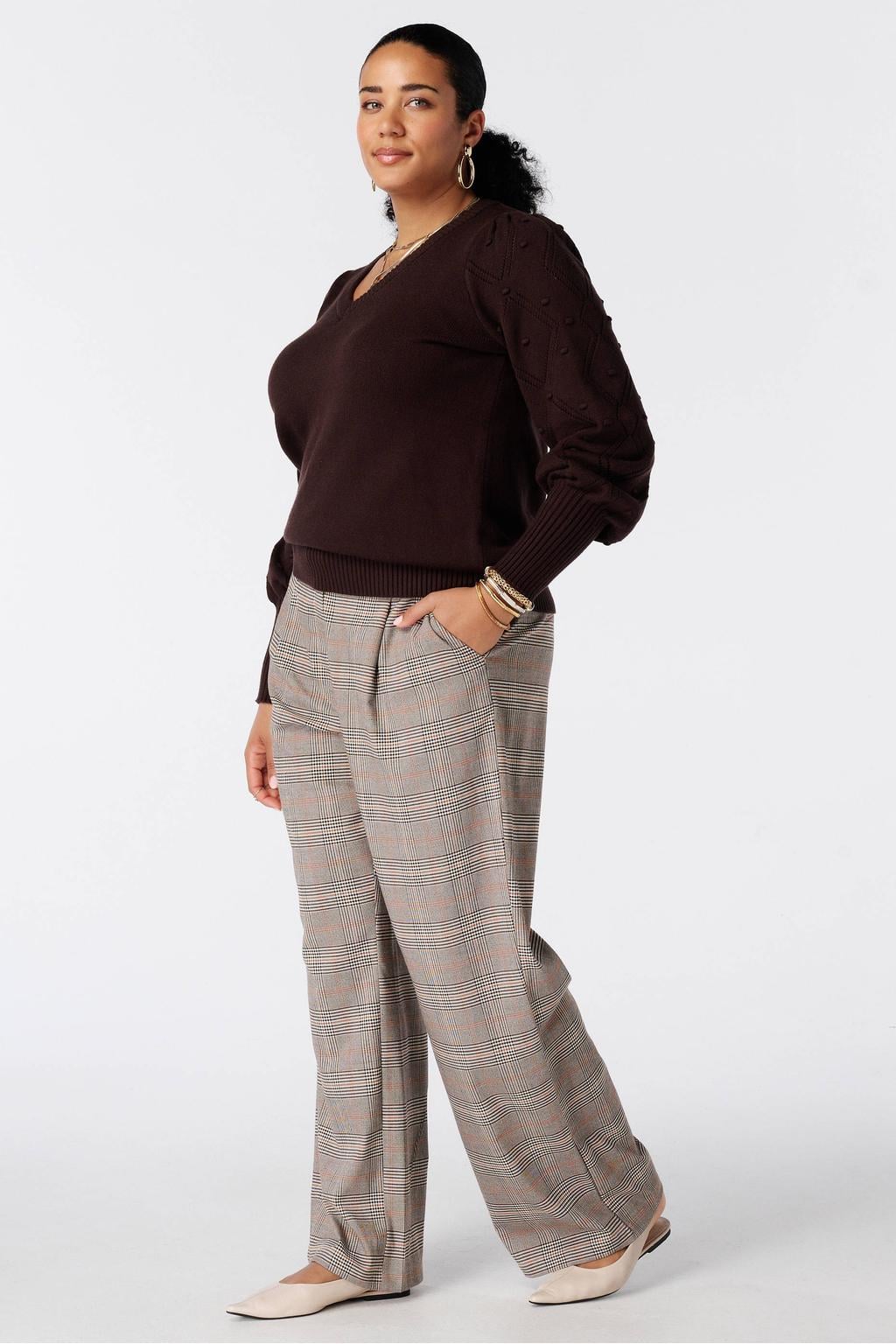 Donkerblauwe dames MS Mode gebreide trui van viscose met effen, lange mouwen, V-hals en ajour details
