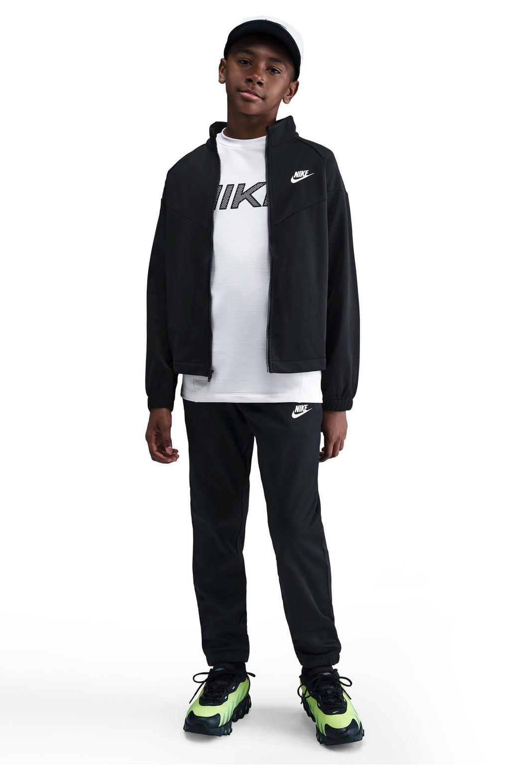 Zwarte jongens en meisjes Nike Sportswear trainingspak van polyester met lange mouwen, opstaande kraag en ritssluiting