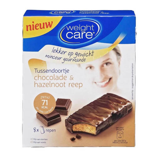 Weight Care Tussendoortje Chocolade Hazelnoot Reep 1 Doos Met 8 Stuks weight care kopen in de aanbieding