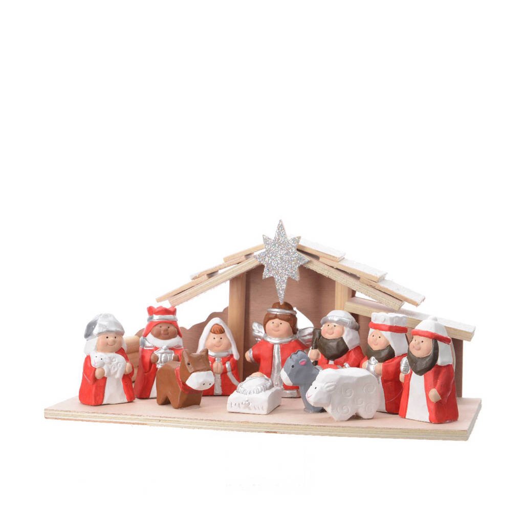 Decoris kerststal (11-delig), Rood/naturel