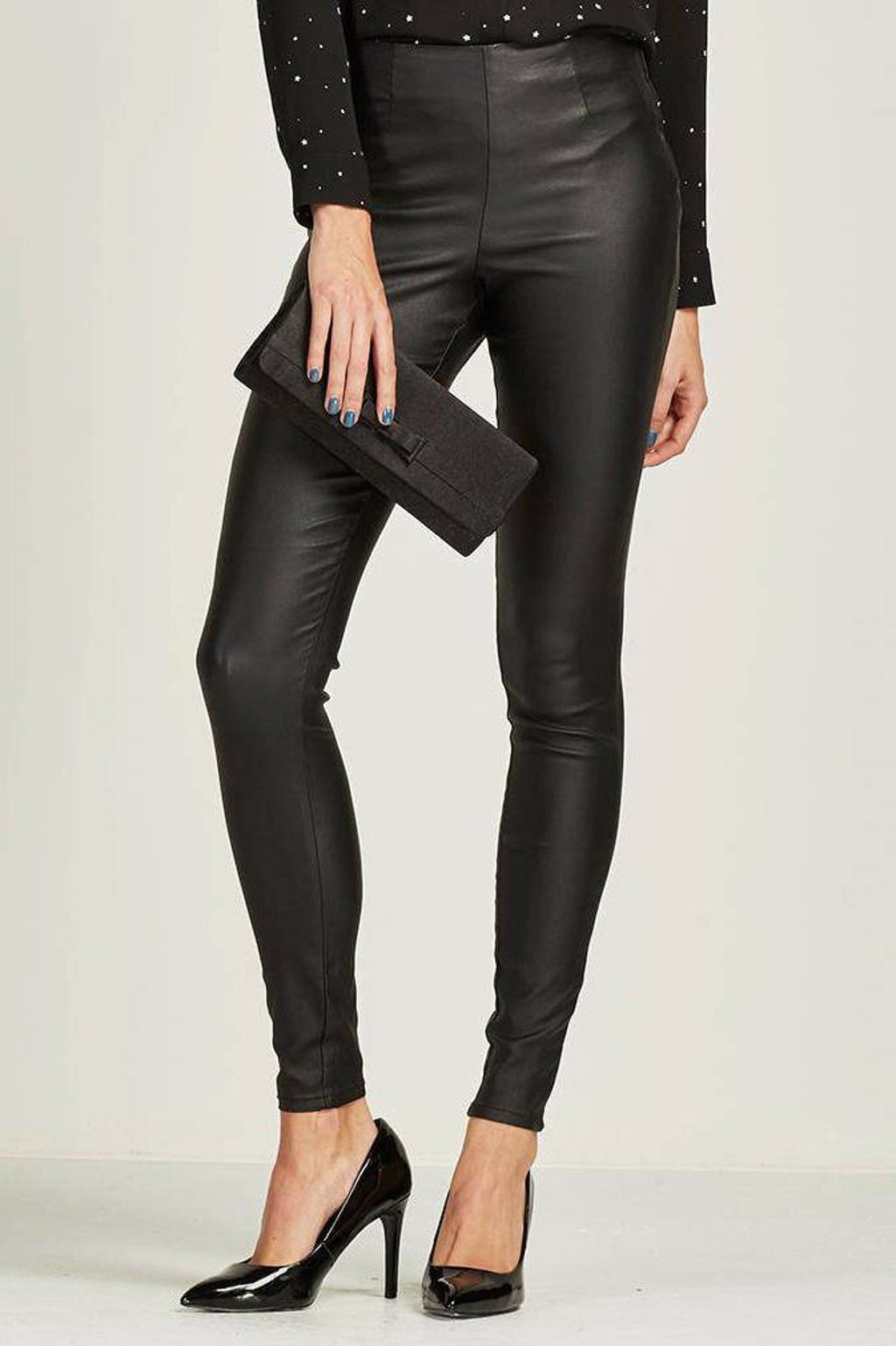 Zwarte dames PIECES coated legging van imitatieleer met skinny fit, regular waist en elastische tailleband