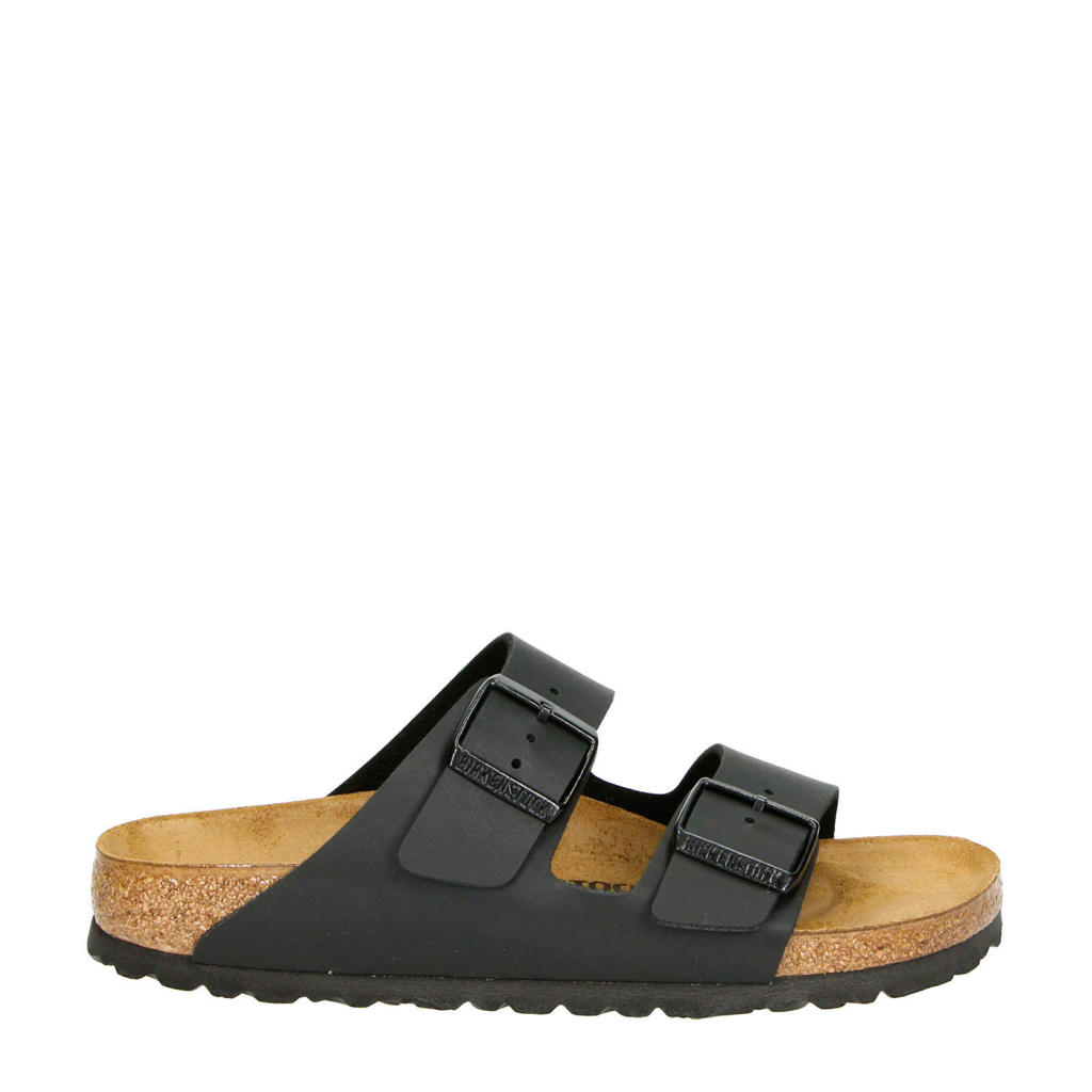 Zwarte dames Birkenstock Arizona slippers van imitatieleer met gesp en effen