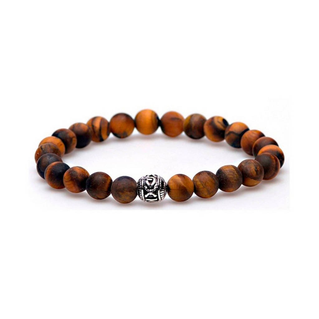 Karma Tiger Without Fear Silver Round Bead armband, Bruin