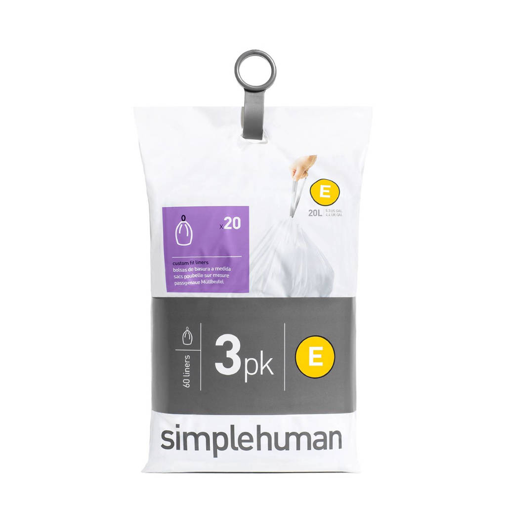 SimpleHuman Afvalzakken Code E 20 liter Pocket Liners Set van 3x20 Stuks