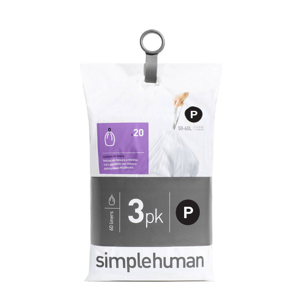 SimpleHuman Afvalzakken Code P 50-60 liter Pocket Liners Set van 3x20 Stuks