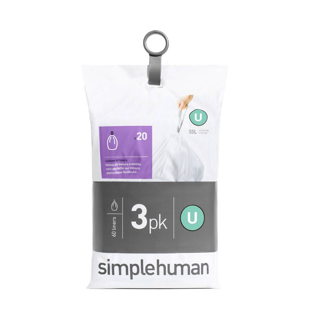 SimpleHuman Afvalzakken Code U 55 liter Pocket Liners Set van 3x20 Stuks