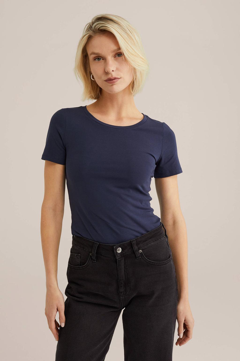 Donkerblauwe dames WE Fashion T-shirt van stretchkatoen met melée print, korte mouwen en ronde hals