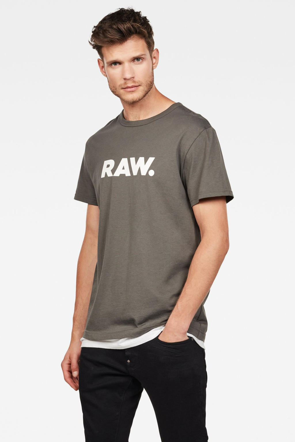 Donkergroen en witte heren G-Star RAW Holorn T-shirt van biologisch katoen met logo dessin, korte mouwen en ronde hals