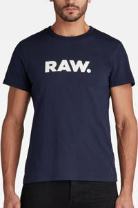 Donkerblauw en witte heren G-Star RAW Holorn T-shirt van biologisch katoen met printopdruk, korte mouwen en ronde hals