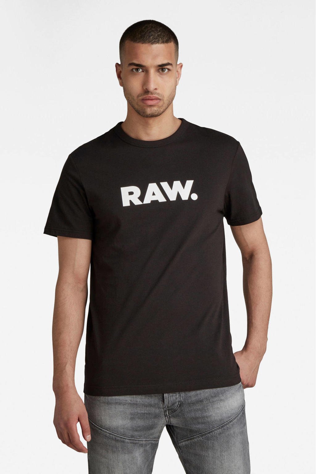 Zwart en witte heren G-Star RAW Holorn T-shirt van biologisch katoen met printopdruk, korte mouwen en ronde hals