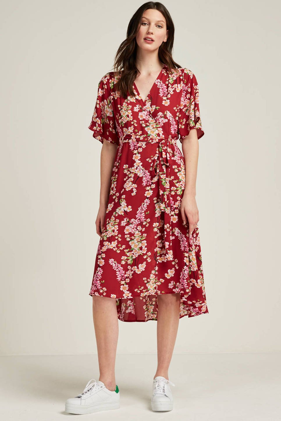 whkmp's own gerecycled polyester kimono jurk (dames), Rood/ecru/rose