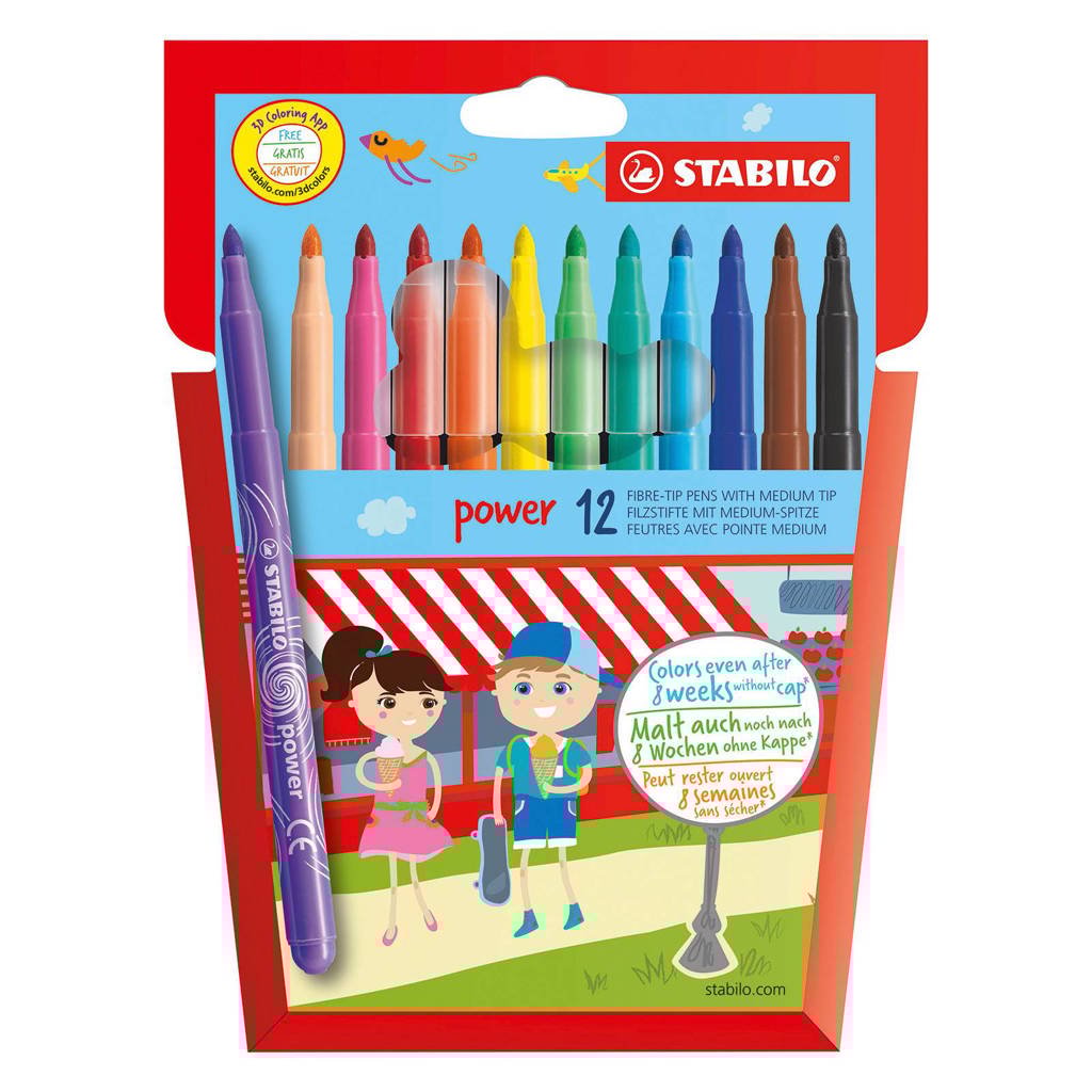 STABILO Viltstift - Power - Tot 8 Weken Zonder Dop - Etui Met 12 Kleuren