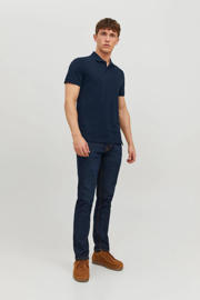 thumbnail: Marineblauwe heren JACK & JONES ESSENTIALS slim fit polo Navy Blazer van katoen met effen, korte mouwen, klassieke kraag en borduursels