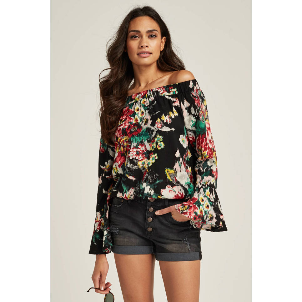 whkmp's beachwave off shoulder top met bloemenprint, Zwart/rood/roze/grijs/groen/geel