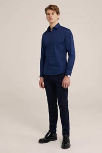 Blauwe heren WE Fashion Fundamentals slim fit overhemd van katoen met lange mouwen en klassieke kraag