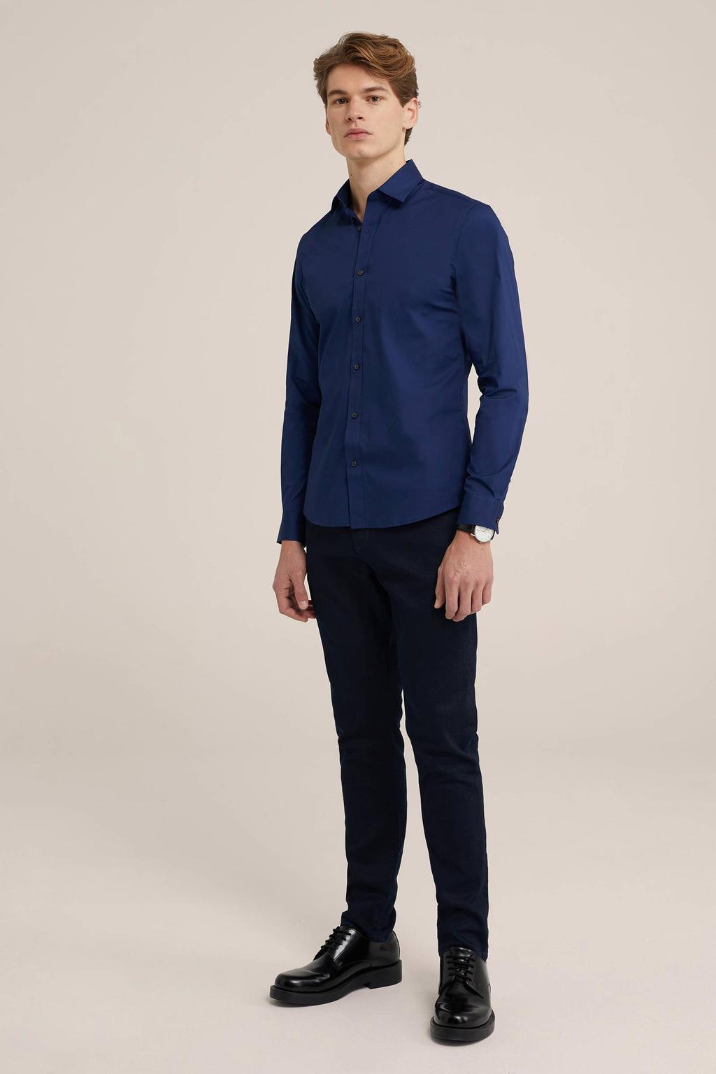 Blauwe heren WE Fundamentals slim fit overhemd van katoen met effen, lange mouwen en klassieke kraag