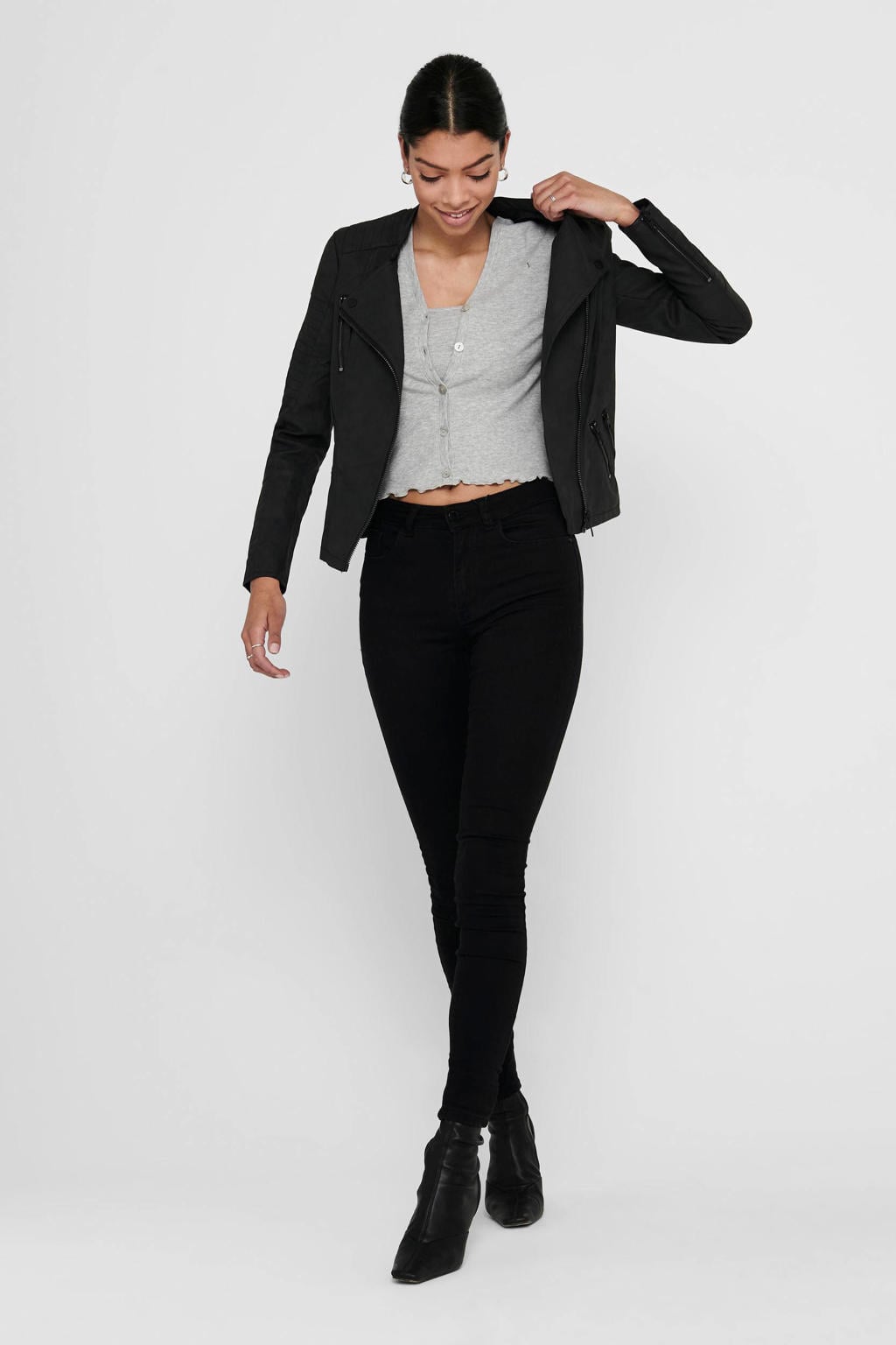 Zwarte dames ONLY imitatieleren bikerjack met lange mouwen, reverskraag, ritssluiting en coating