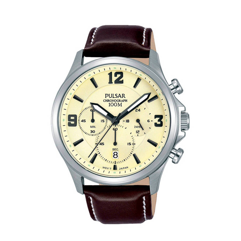 Pulsar Chronograaf Leer herenhorloge PT3875X1, Zwart/beige/zilver