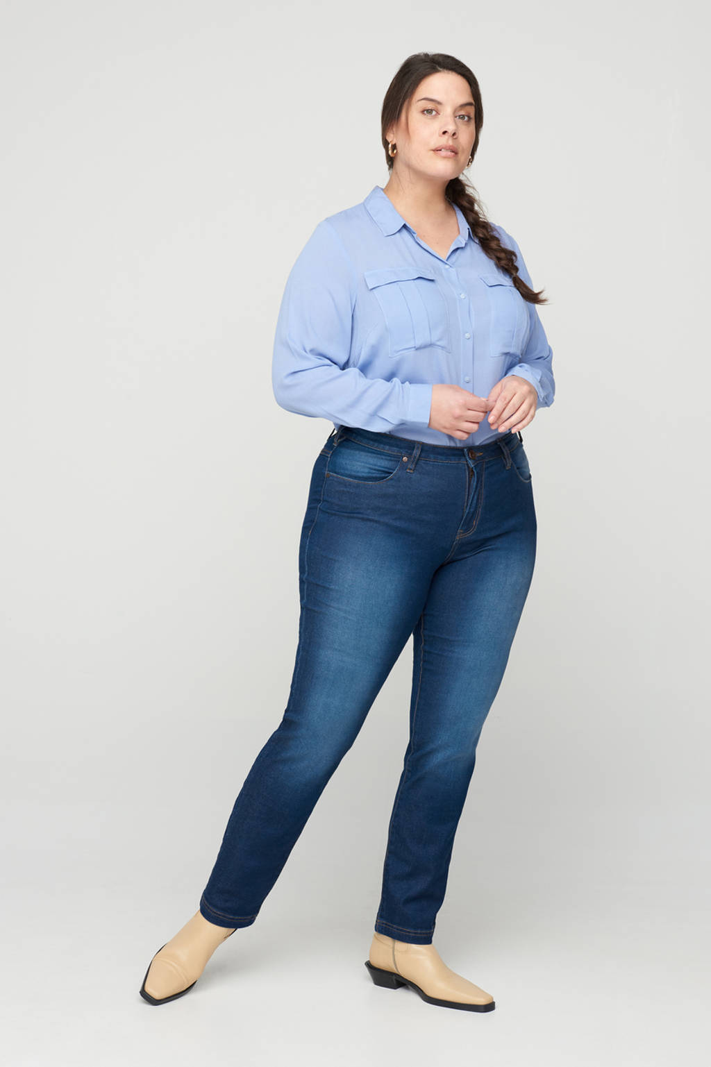 Donkerblauwe dames Zizzi regular waist slim fit jeans Emily van stretchdenim 