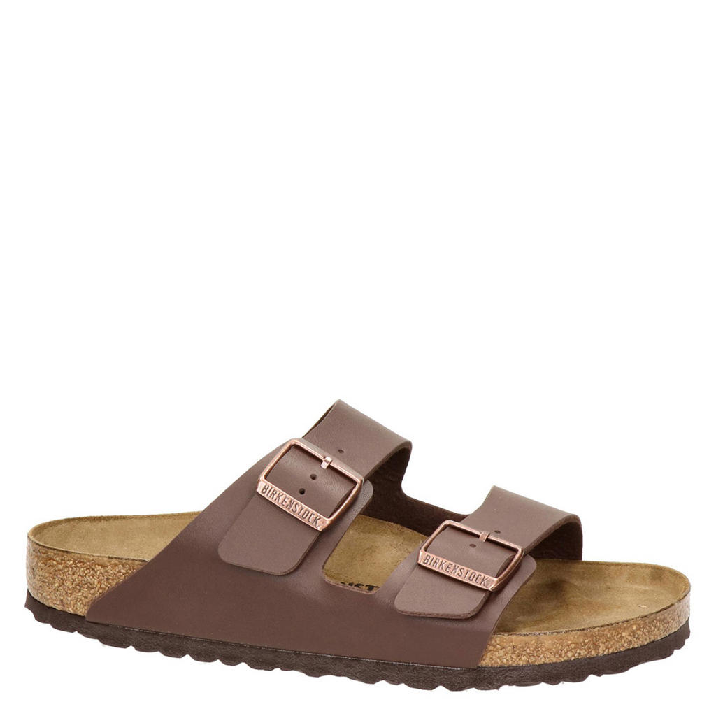 Bruine heren Birkenstock Arizona slippers van imitatieleer met profielzool, gesp en effen