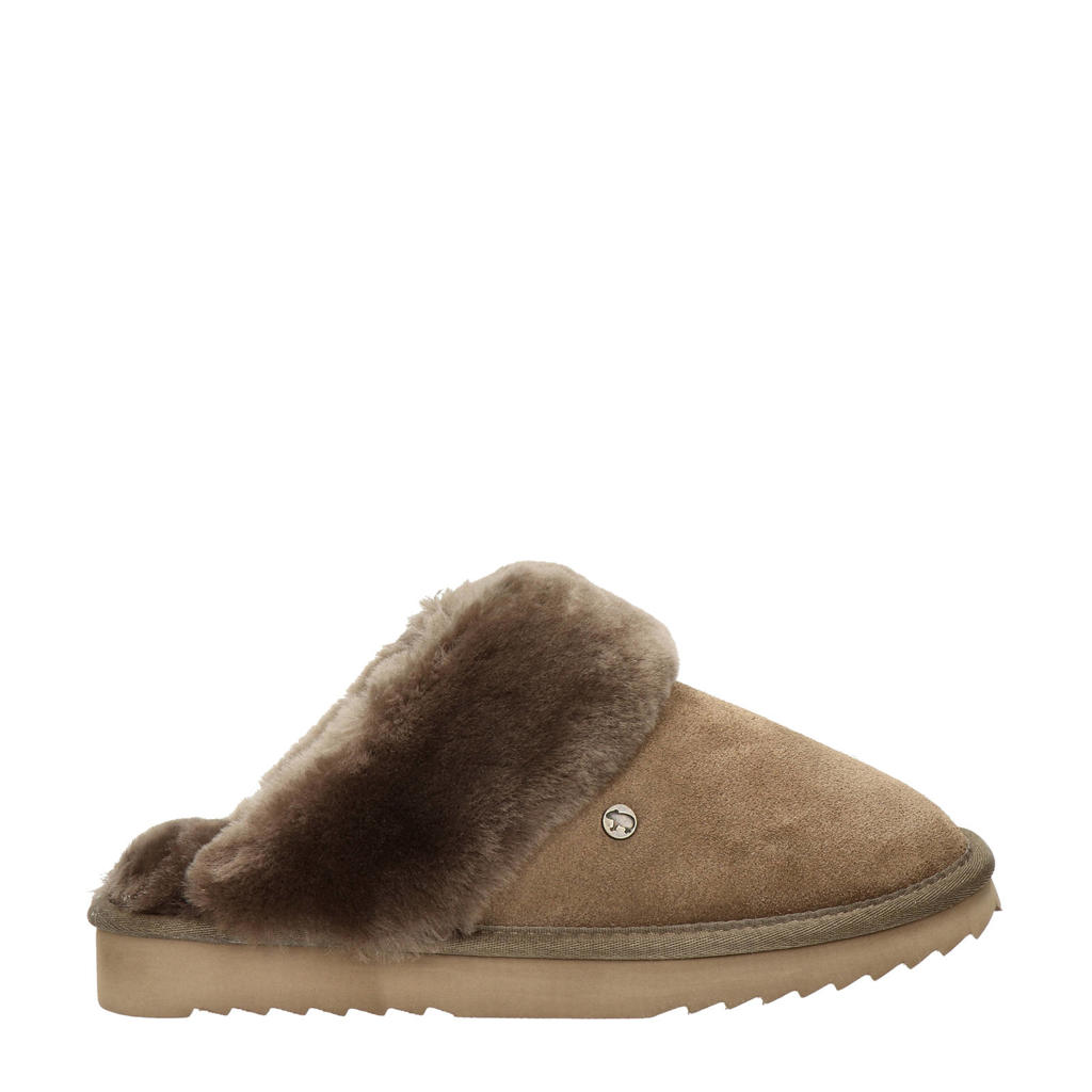 Taupe dames Warmbat Australia suède pantoffels met effen