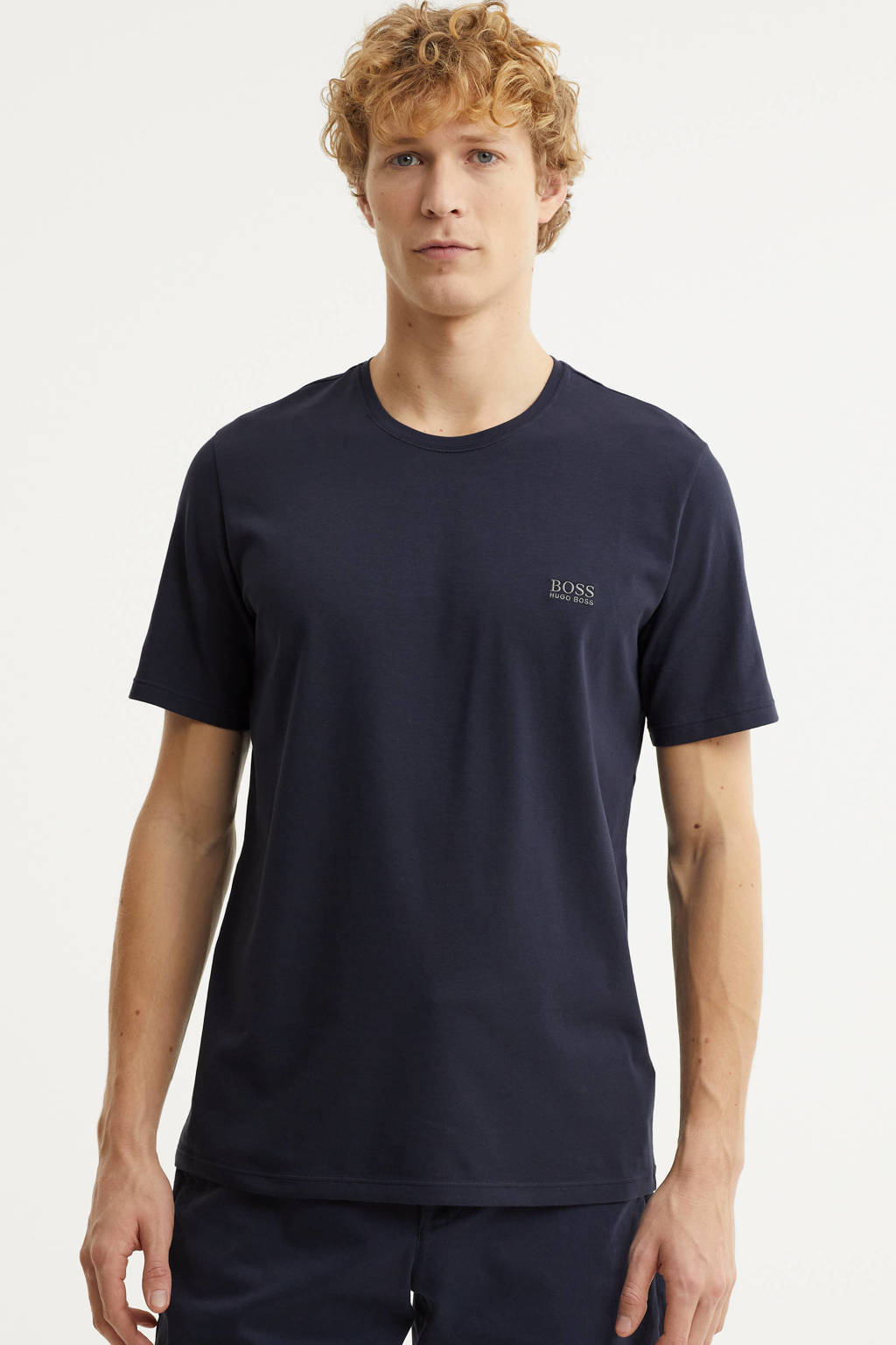Marineblauwe heren BOSS T-shirt van katoen met korte mouwen en ronde hals