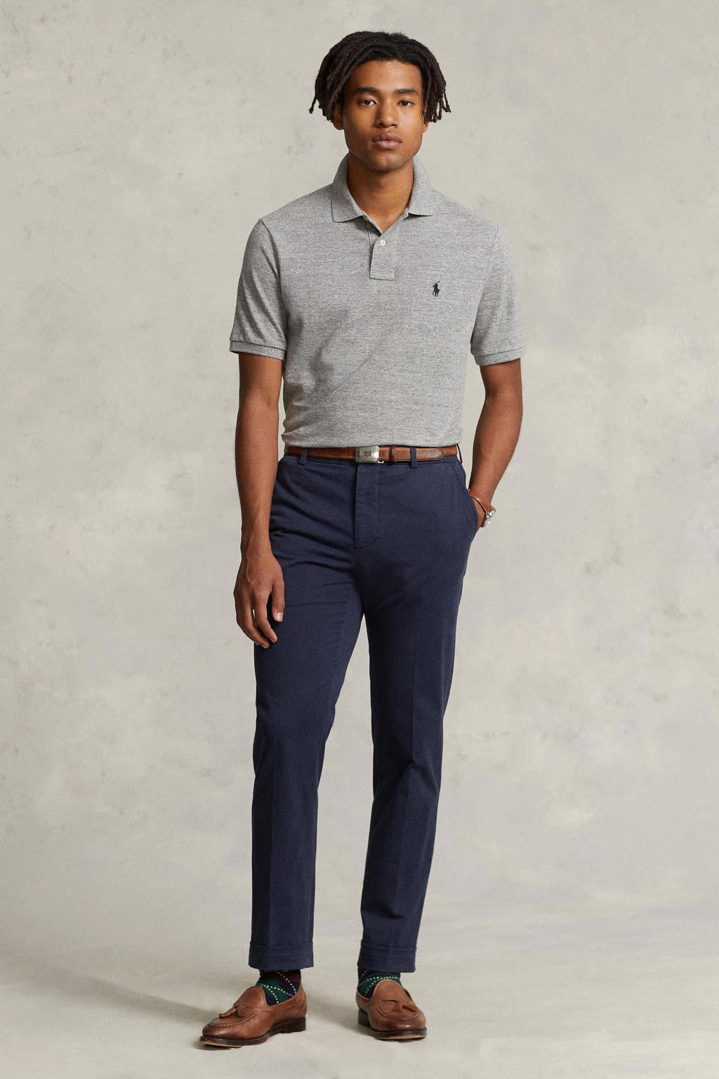 Grijs melange heren POLO Ralph Lauren slim fit polo van katoen met logo dessin, korte mouwen en klassieke kraag