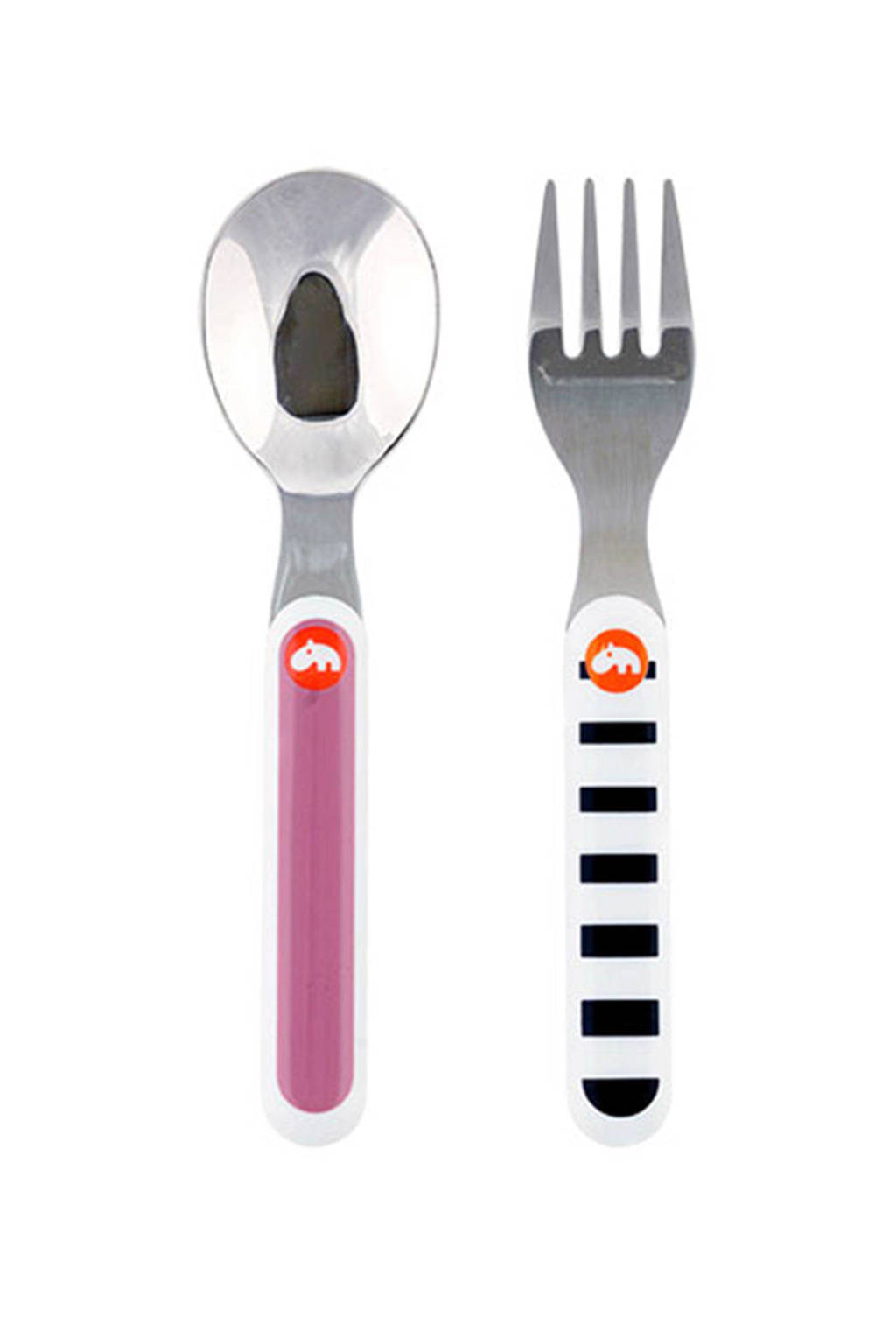 Done by Deer lepel en vork set roze (2-delig), Roze/zwart/wit