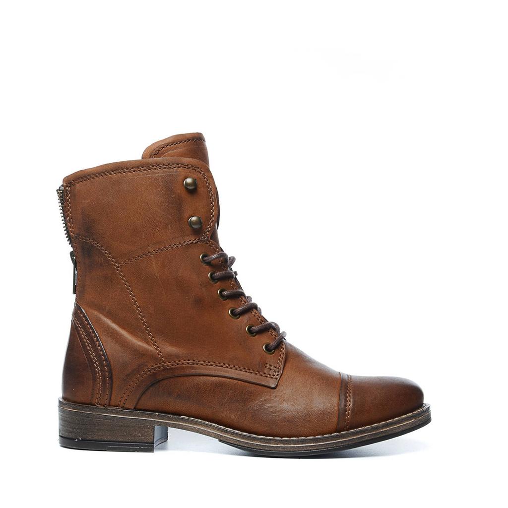 Cognackleurige dames Manfield leren veterboots met rits- en vetersluiting