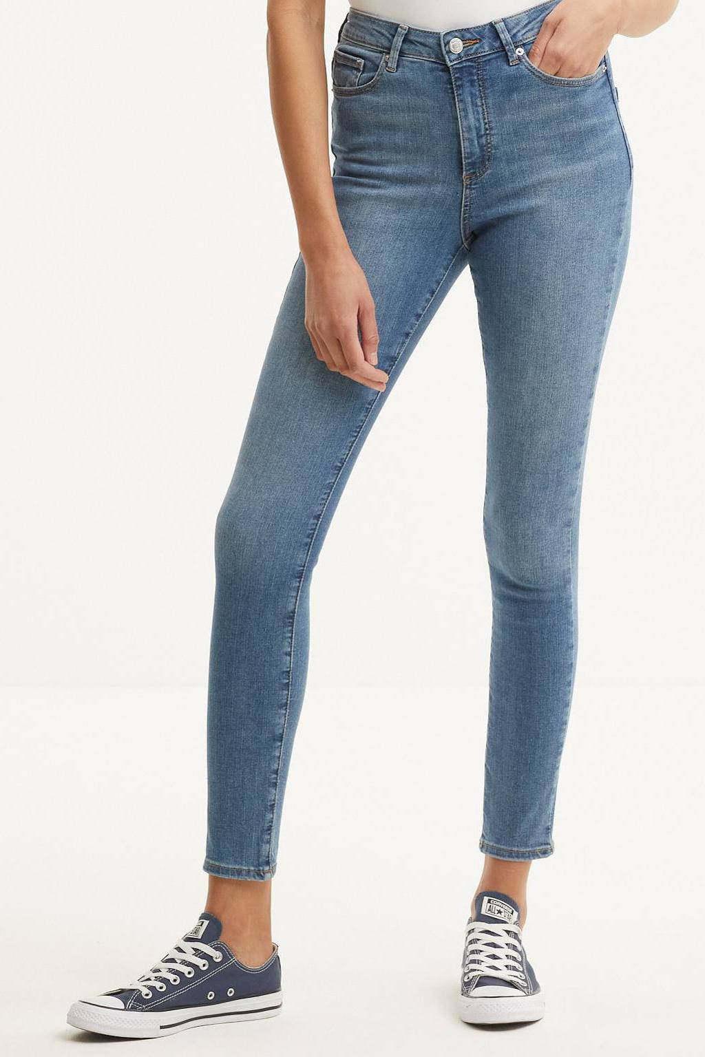 Lichtblauwe dames VERO MODA high waist skinny jeans van stretchdenim met rits- en knoopsluiting