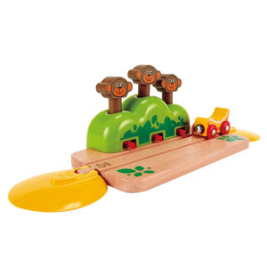 houten spoorwegset met springende apen