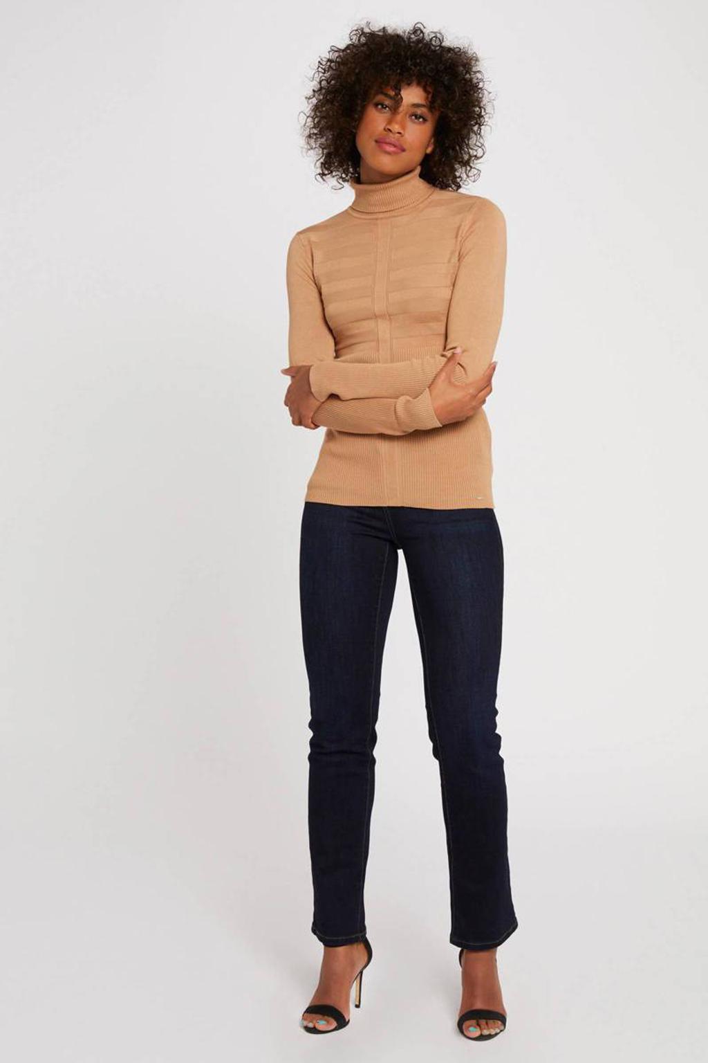 Beige dames Morgan coltrui van viscose met effen, lange mouwen en opstaande kraag