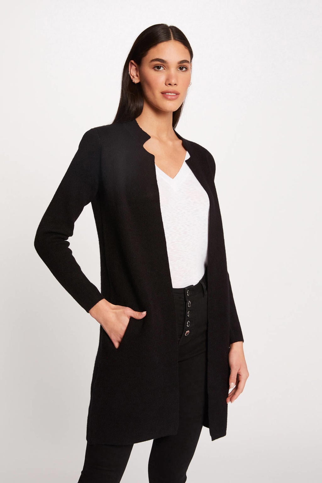 Zwarte dames Cache Cache vest van viscose met effen, lange mouwen en openvallende hals