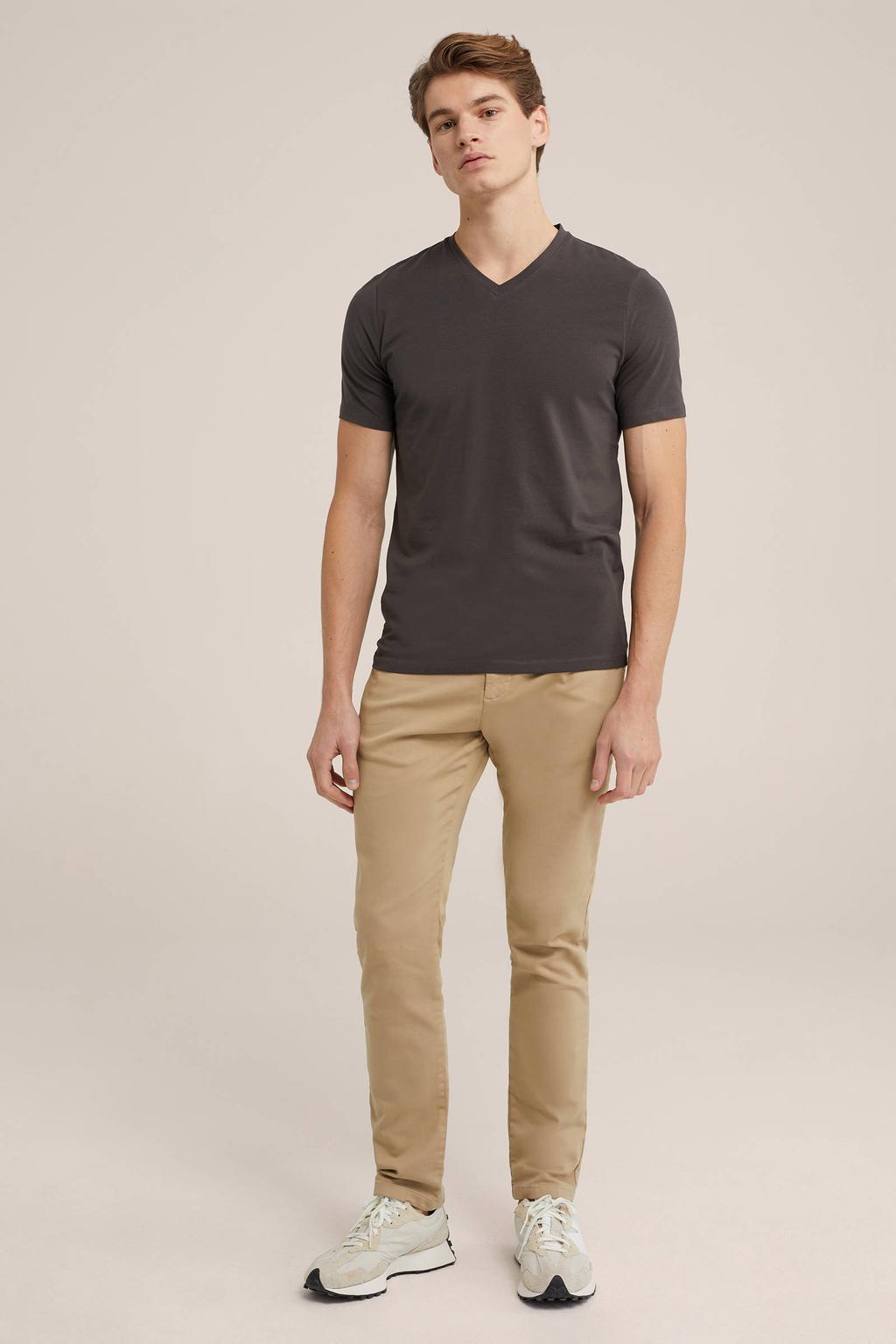 Antraciete heren WE Fashion slim fit T-shirt van katoen met effen, korte mouwen en V-hals