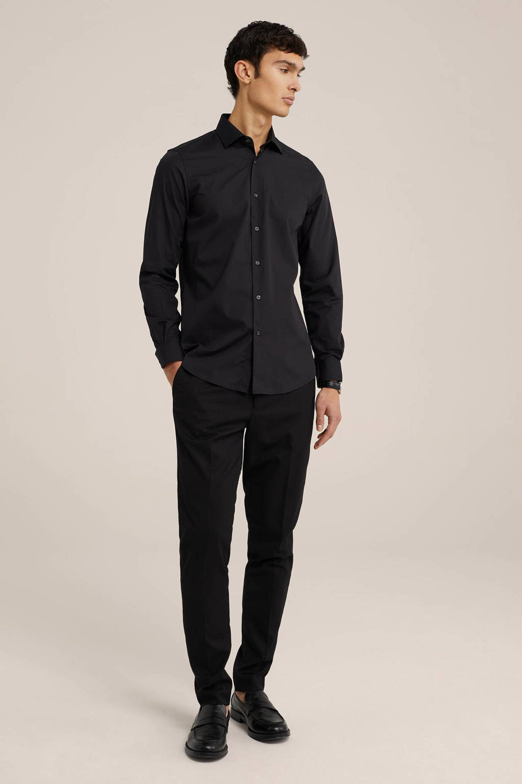 Zwarte heren WE Fashion Fundamentals overhemd van katoen met lange mouwen en klassieke kraag