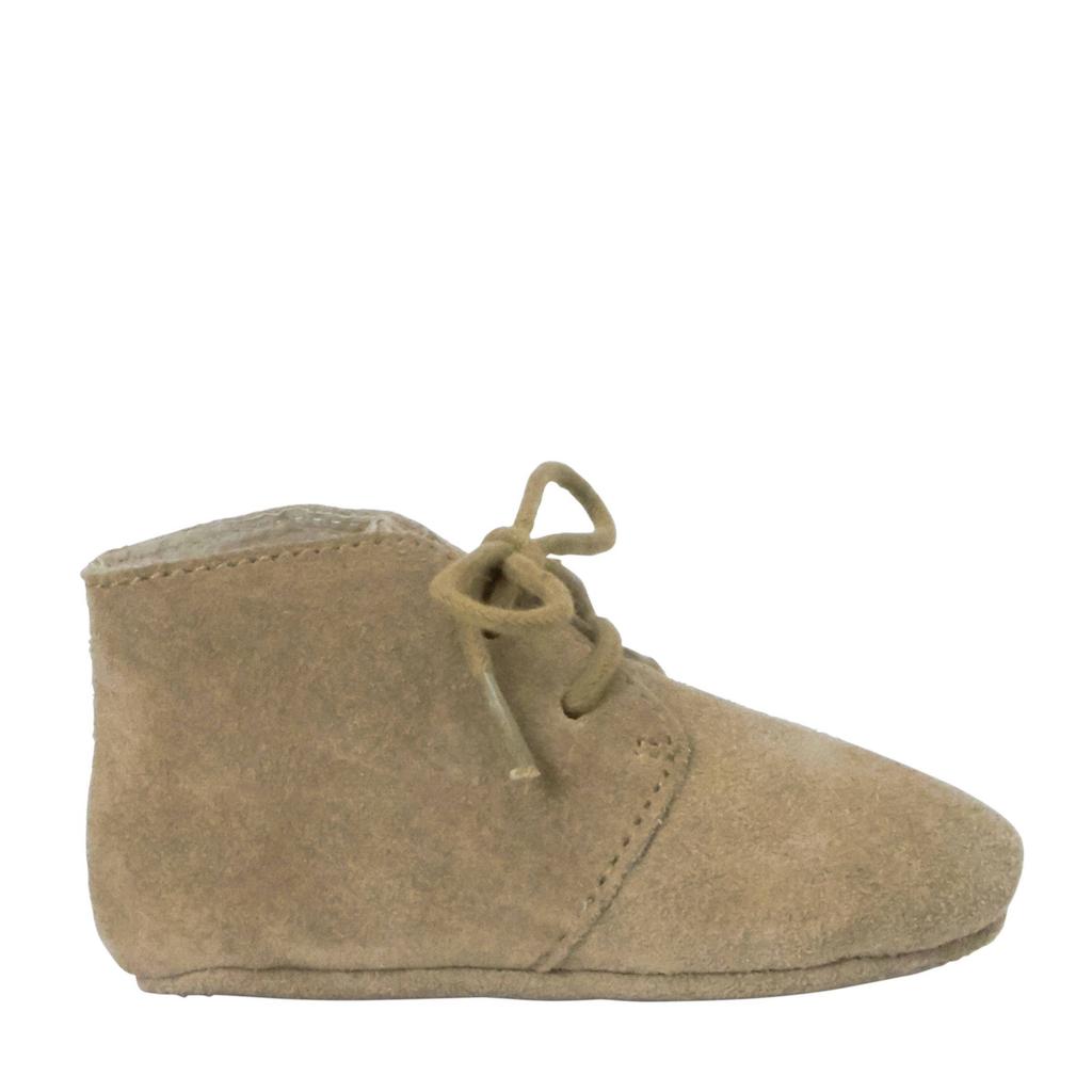 Taupe jongens en meisjes Mavies leren babyschoenen met veters