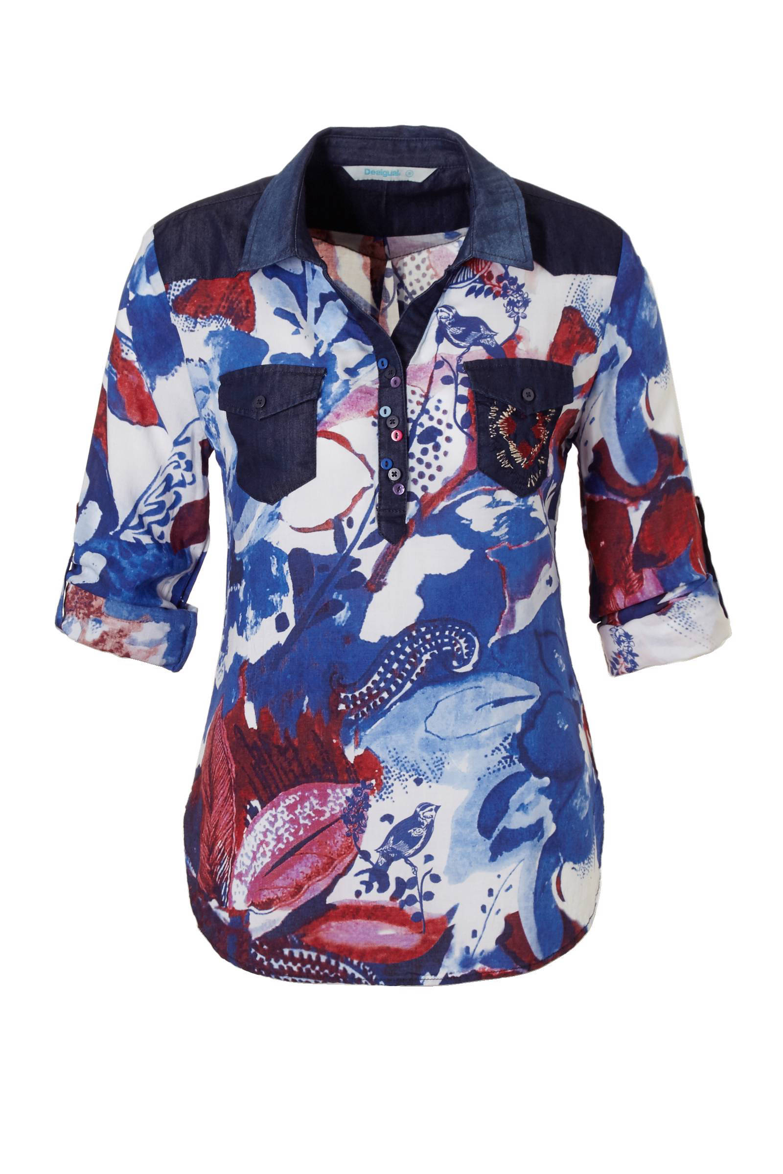 Tunique Robe Bleue Desigual - Top Manches 3/4 En Coton Style Bohème Taille S