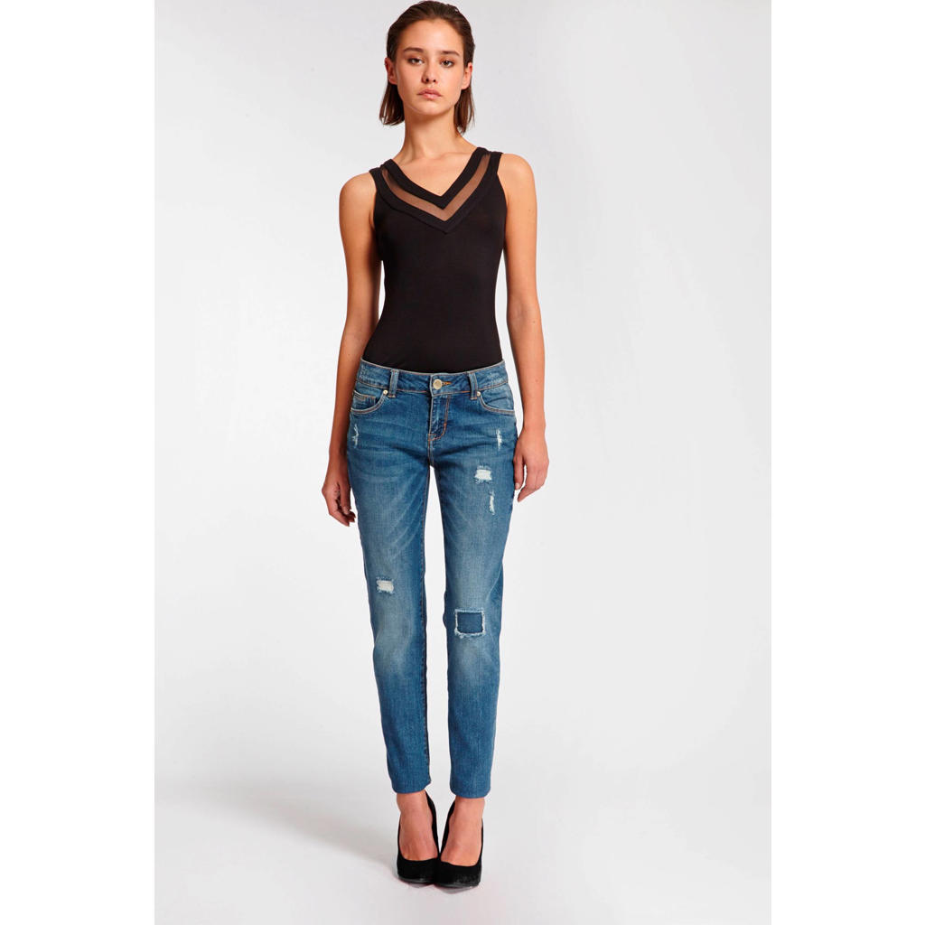 Zwarte dames Morgan singlet van viscose met effen en V-hals