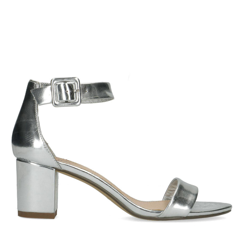 Zilverkleurige dames Sacha sandalettes van imitatieleer met blokhak en gesp