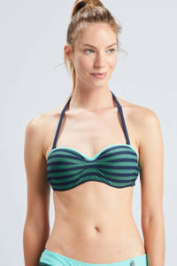 Beachlife gestreepte voorgevormde strapless bandeau bikinitop donkerblauw/groen