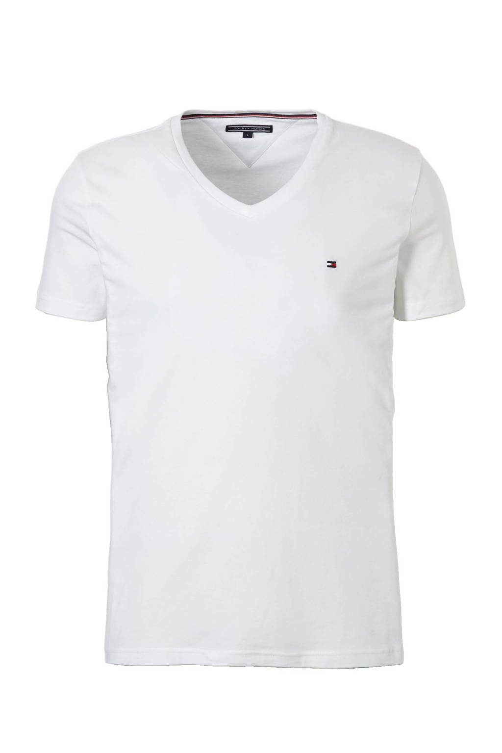 Witte heren Tommy Hilfiger T-shirt van katoen met korte mouwen en V-hals