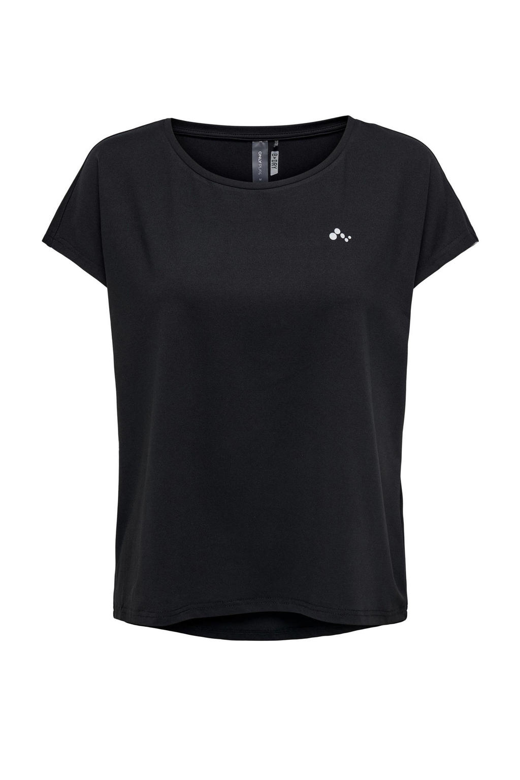 Zwarte dames ONLY PLAY sportshirt met effen, korte mouwen en ronde hals